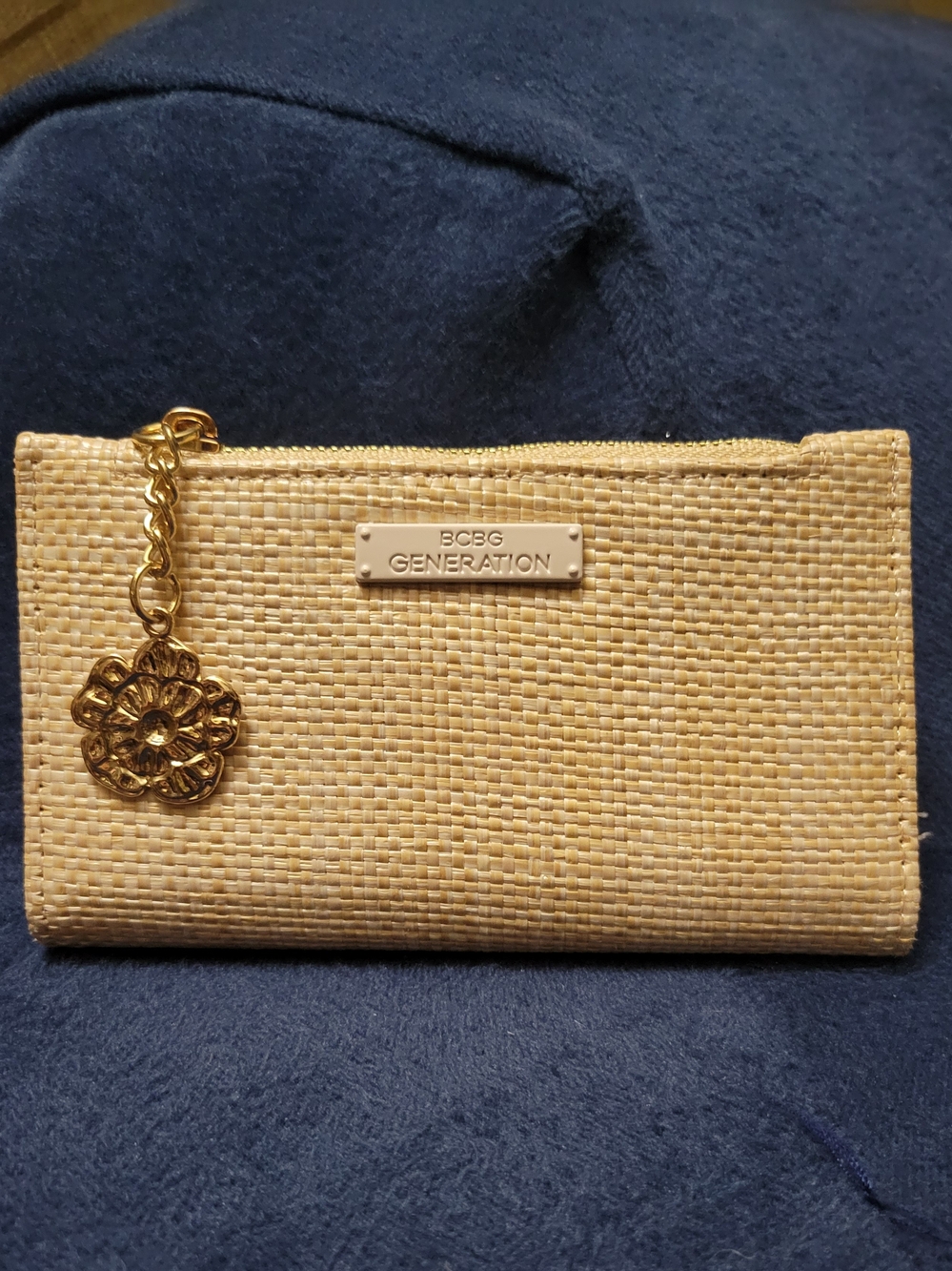 BCBGeneration Woven Straw Citrus Print Wallet with Decorative Floral Charm
